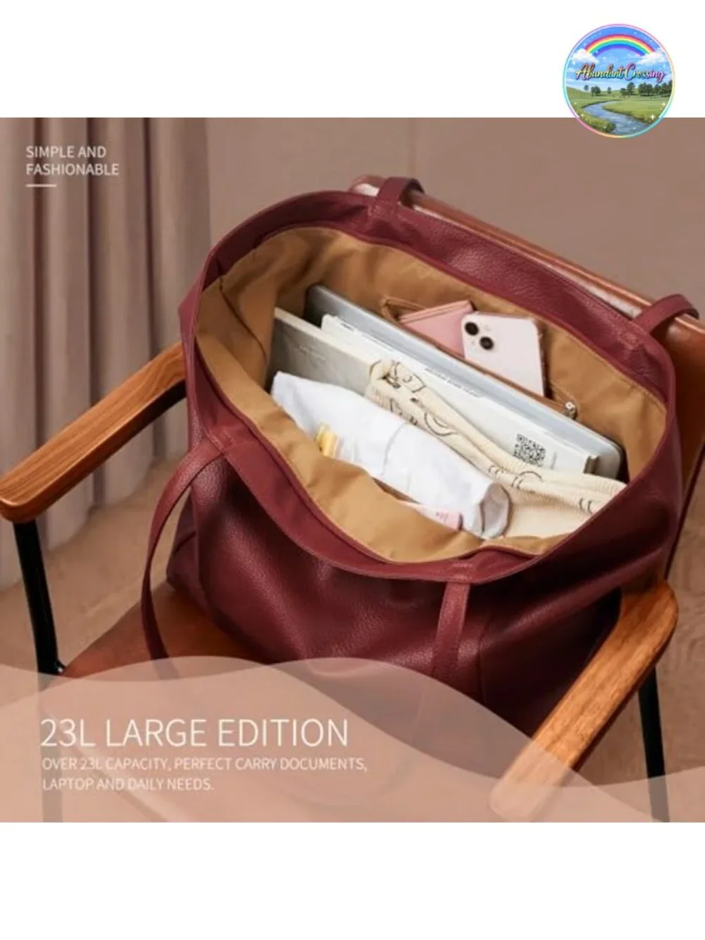 Vegan Leather Tote Bag Large 16L Zipper Work Weekender